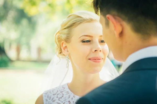 Portrait the bride and groom on the background of the park alley — Stock Photo, Image