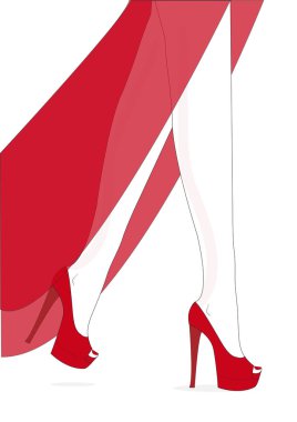 Yüksek topuklar üzerinde ışık arka plan üzerinde kırmızı ayakkabı kadın bacakları