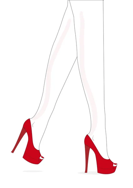 女性的双腿，穿着高跟鞋在浅色背景上的红鞋 — 图库矢量图片