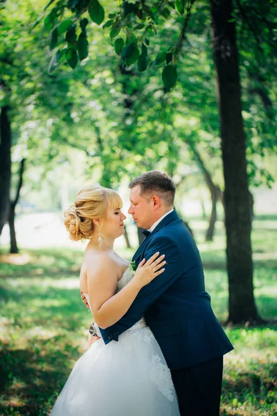 Couple marié et marié sur le fond des arbres des parcs — Photo