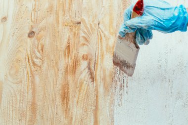 closeup el kullanım fırça boya Beyaz ahşap yüzey üzerinde