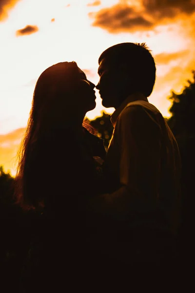 美丽的年轻夫妇在日落的背景 — 图库照片