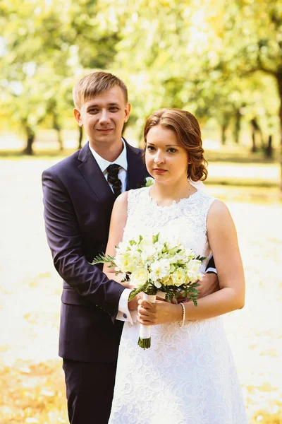 Pár menyasszony és vőlegény egy park háttér — Stock Fotó