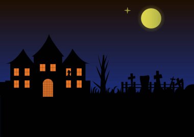 Cadılar Bayramı manzara ev kale yanan windows ve Gotik sayısı ile