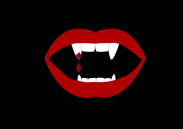 Красные губы вампира с клыками на черном фоне — стоковый вектор
