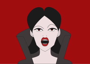 Vampir dişleri kırmızı zemin üzerine kızla