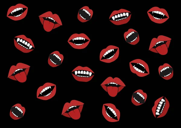 Smile of a vampires fangs repeating on a black background — Stock Vector