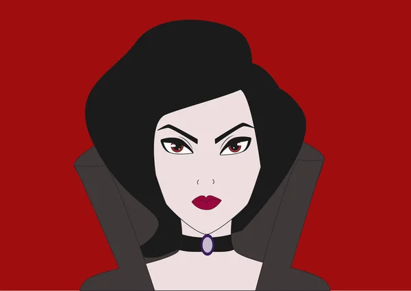 Vampir-Mädchen mit Reißzähnen auf rotem Hintergrund — Stockvektor