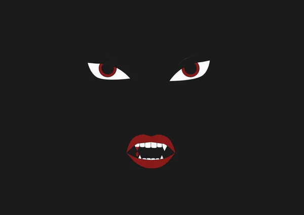 Ojos y colmillos vampiro sobre fondo negro — Vector de stock