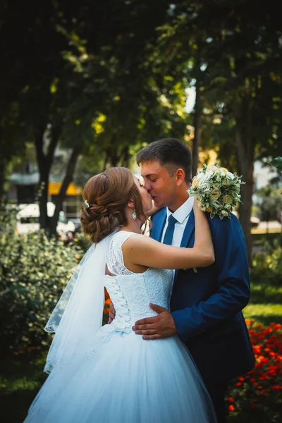 Par brudgum och brud kramas och kyssas på natur park bakgrund — Stockfoto