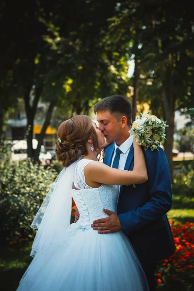 Couple groom and bride hugging and kissing on nature park background — Stock Photo, Image