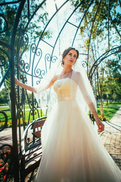 Молодая красивая невеста, стоящая в беседке парка . — стоковое фото