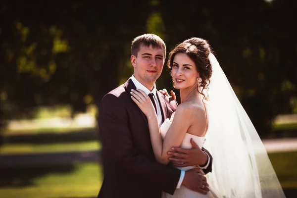 Jeune couple marié et la mariée sur le fond du parc . — Photo