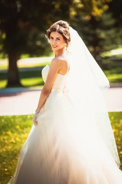 Den vackra brunett bruden på en promenad i parken — Stockfoto