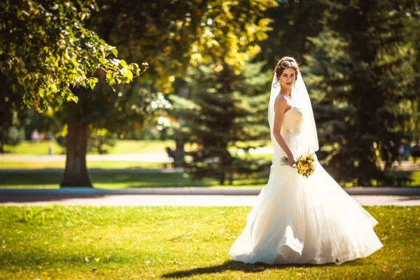 Parkta yürüyen güzel esmer gelin.