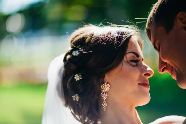 De bruid en bruidegom op de achtergrond van het park. — Stockfoto