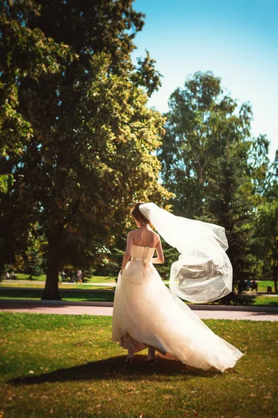 La bella sposa bruna in una passeggiata nel parco — Foto Stock