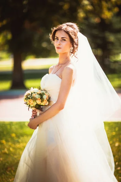 Красивая брюнетка невеста на прогулке в парке — стоковое фото