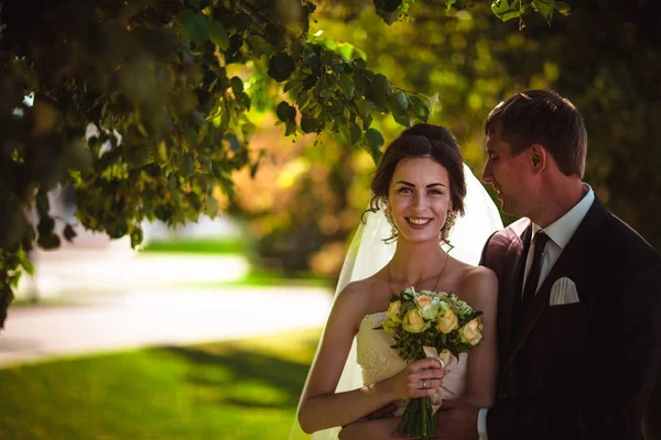 Jeune couple marié et la mariée sur le fond du parc . — Photo