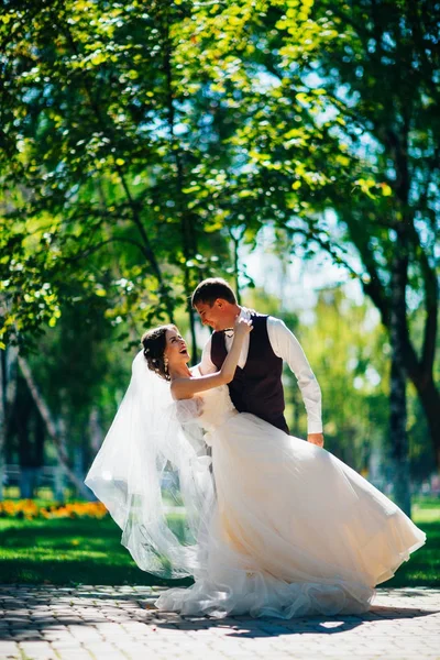 The bride and groom in the background of the park. — Stock Photo, Image