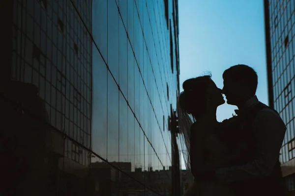 背景镜像建筑物上的婚礼夫妇 — 图库照片