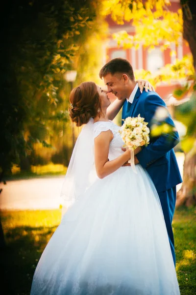 Pár ženich a nevěsta na pozadí oranžových listů — Stock fotografie