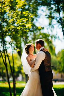 Gelin ve damat parkın arka planında..