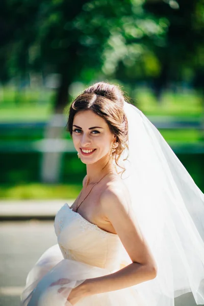 A noiva morena bonita em um passeio no parque — Fotografia de Stock