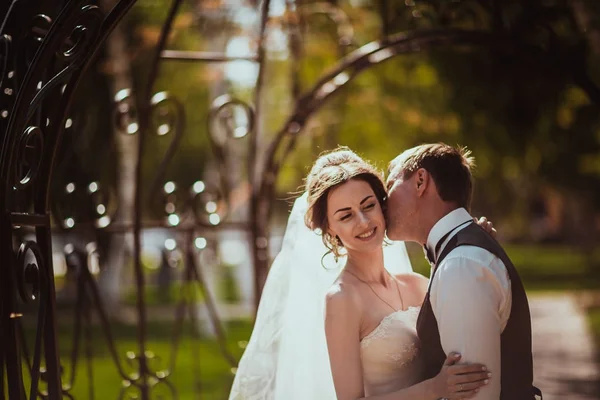 La novia y el novio en el arco del parque — Foto de Stock