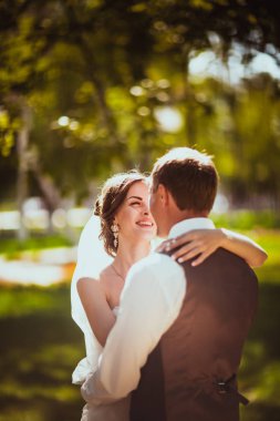 Gelin ve damat parkın arka planında..