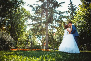 Gelin ve damat parkın arka planında büyüyorlar.