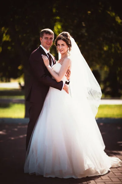 Jeune couple marié et la mariée sur le fond du parc . — Photo