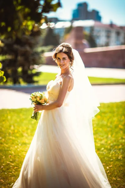 Die schöne brünette Braut bei einem Spaziergang im Park — Stockfoto