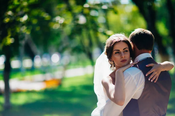 The bride and groom in the background of the park. — Stock Photo, Image