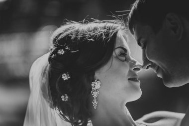 Gelin ve damat parkın arka planında..