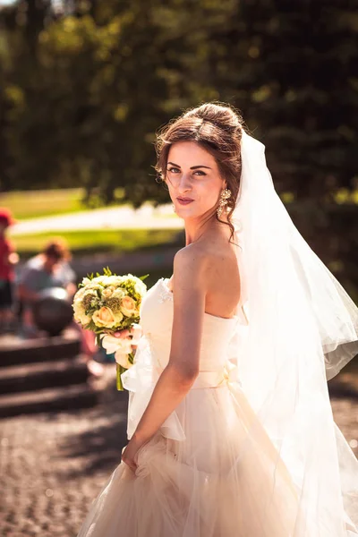 La belle mariée brune sur une promenade dans le parc — Photo