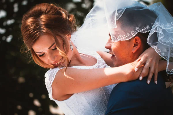 Couple groom and bride hugging and kissing on nature park background — Stock Photo, Image