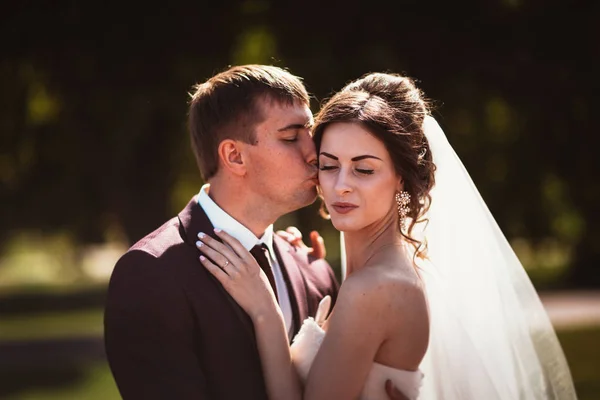 若いカップル新郎と公園の背景の花嫁は. — ストック写真