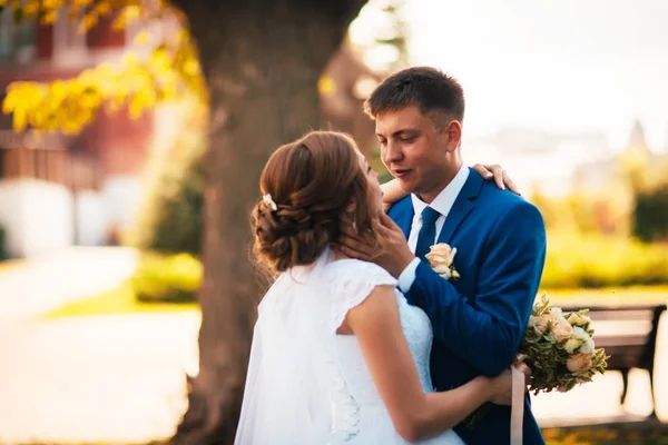 Pár vőlegény és menyasszony ölelés és csók a természet park háttér — Stock Fotó
