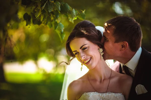 Giovane coppia sposo e la sposa sullo sfondo del parco . — Foto Stock