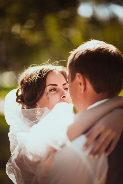 Bruden och brudgummen i bakgrunden av parken. — Stockfoto
