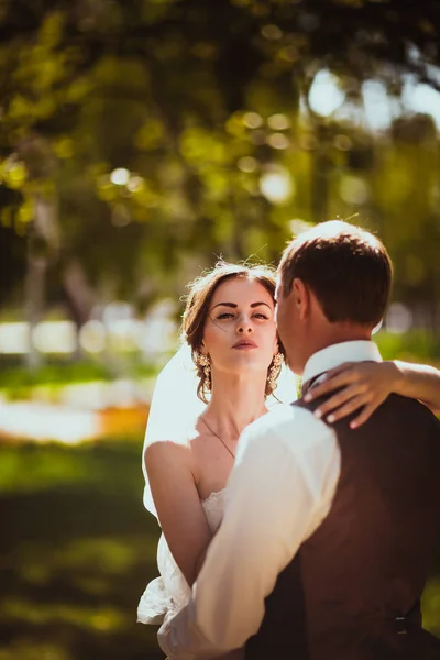 Gelin ve damat parkın arka planında.. — Stok fotoğraf