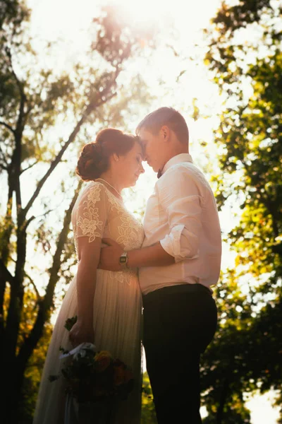 Bruden och brudgummen i bakgrunden av parkens träd — Stockfoto