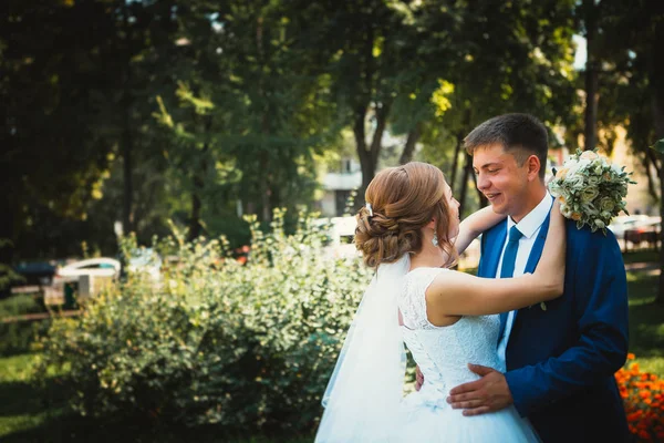 Coppia sposo e sposa abbracciare e baciare su sfondo parco naturale — Foto Stock
