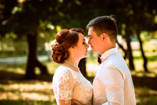 Los novios en el fondo de los árboles del parque —  Fotos de Stock