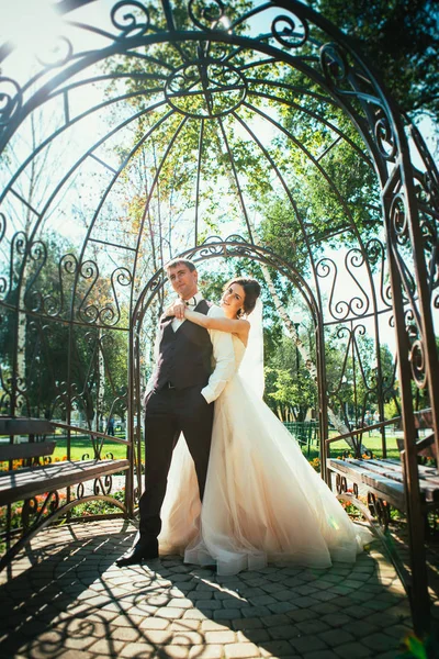 A noiva e o noivo no arco do parque — Fotografia de Stock