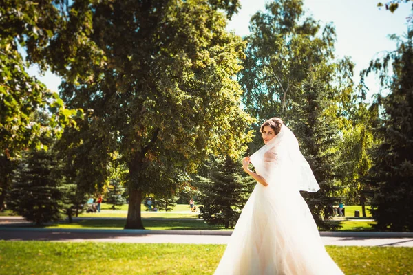 A noiva morena bonita em um passeio no parque — Fotografia de Stock