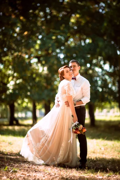 A noiva e o noivo no fundo das árvores do parque — Fotografia de Stock