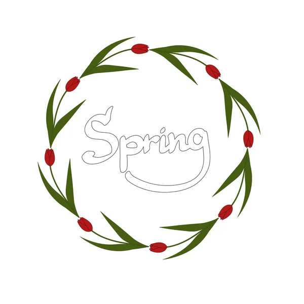 Frühlingsinschrift in einem Kreis von Tulpen — Stockvektor