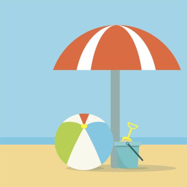 Plaj şemsiyesi, top ve deniz arka plan üzerinde bir kürek ile bir kova